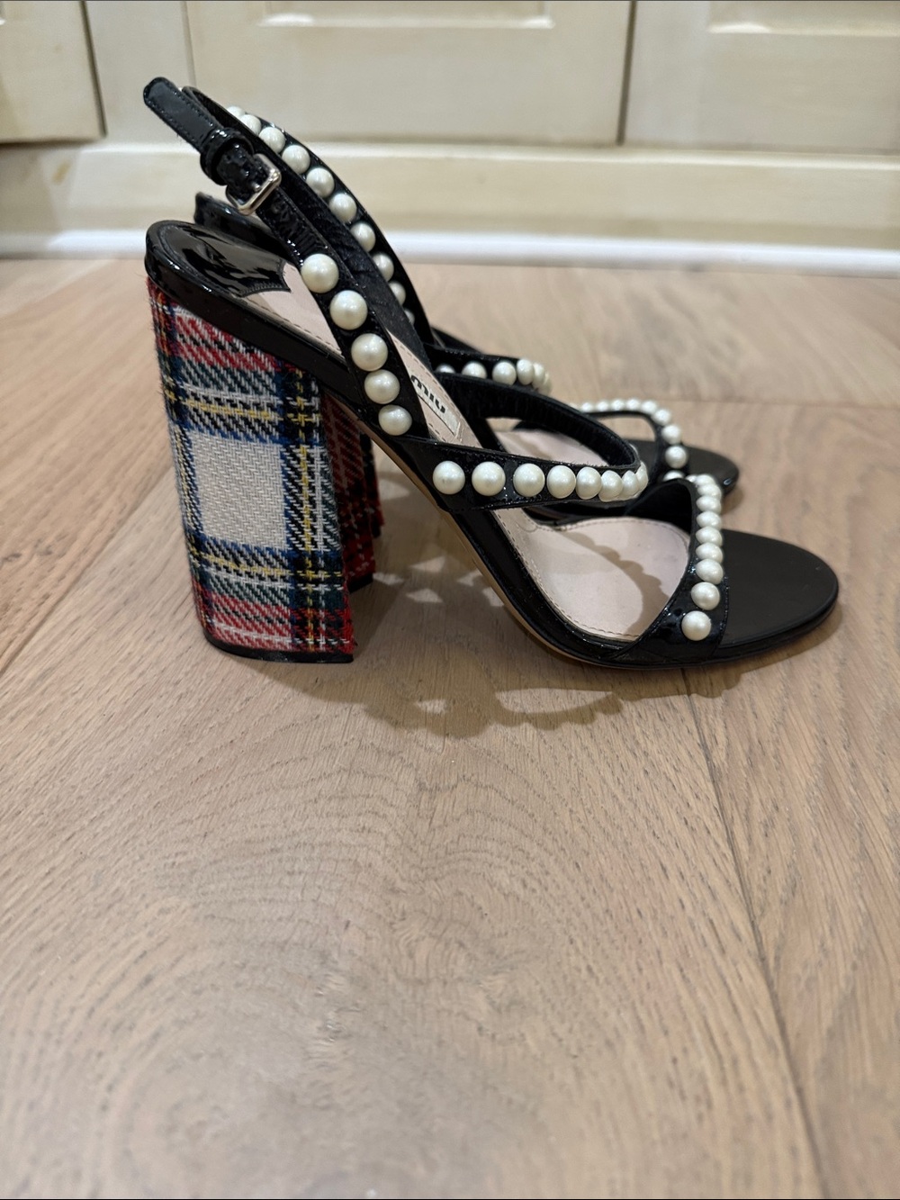 Miu Miu Black Patent Leather Pearl-Trimmed Ankle-Strap Heels - Picture 2 of 3